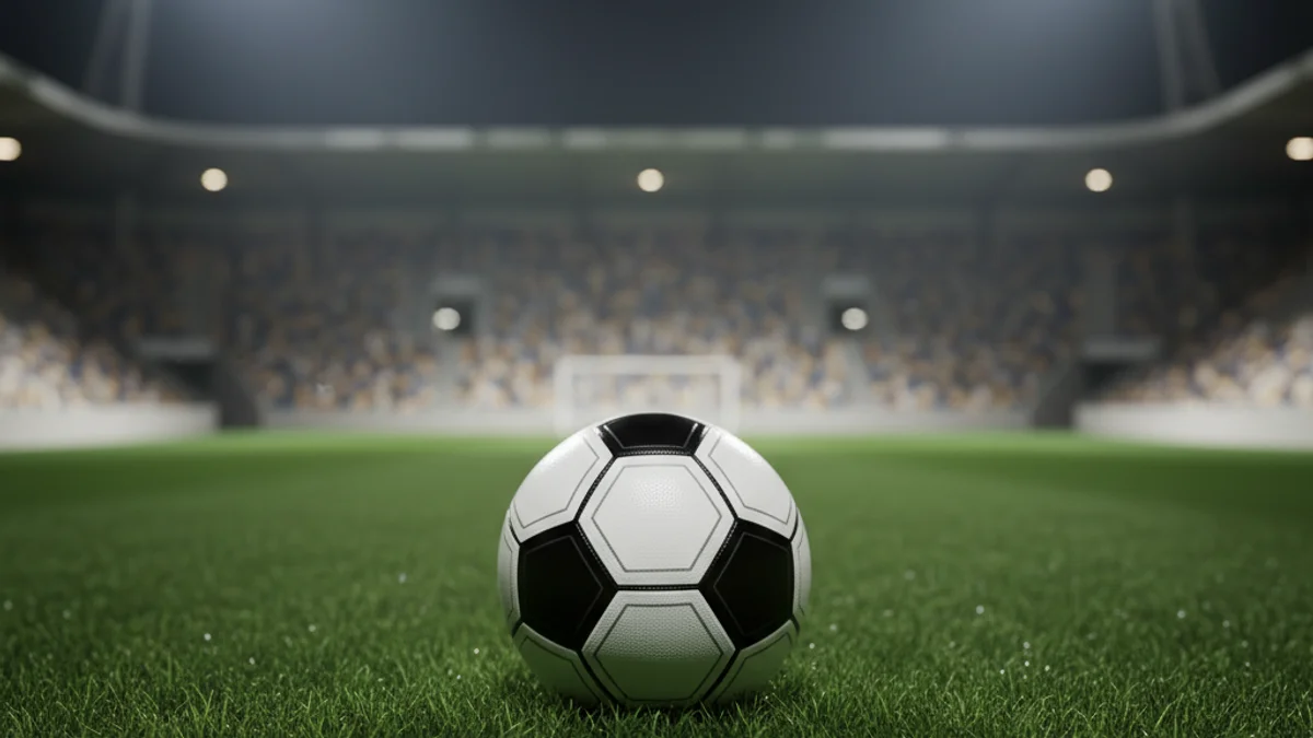 Imagen genérica de un balón de fútbol sobre el césped de un estadio iluminado.