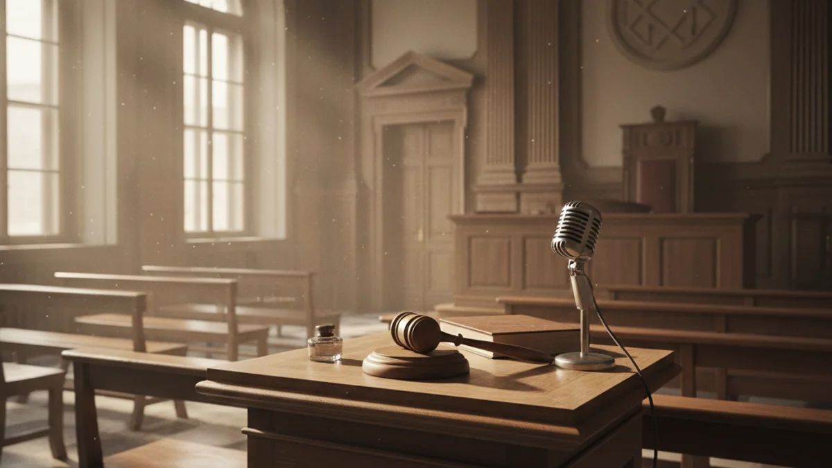 Imatge genèrica de l'interior d'una sala de vistes d'un jutjat amb un mall de fusta sobre la taula.