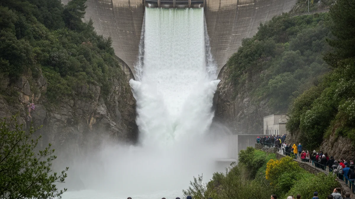 Generic image of a large water cascade falling from a concrete dam spillway.