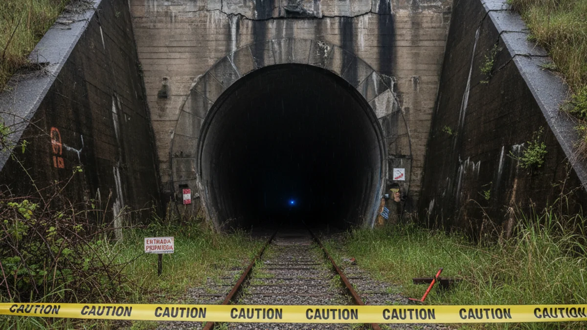 Imagen genérica de la entrada de un túnel ferroviario con grietas y precintado por obras de mantenimiento.