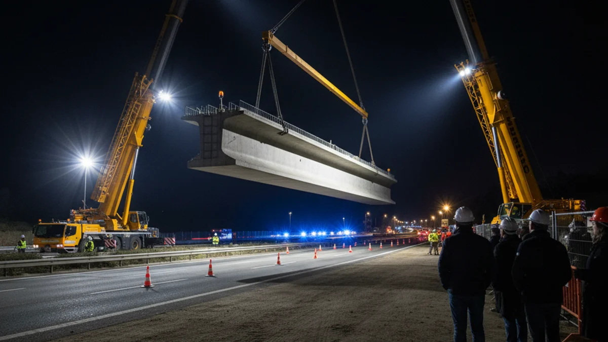 Imatge genèrica de les obres nocturnes per a la instal·lació d'una passarel·la de formigó en una carretera.