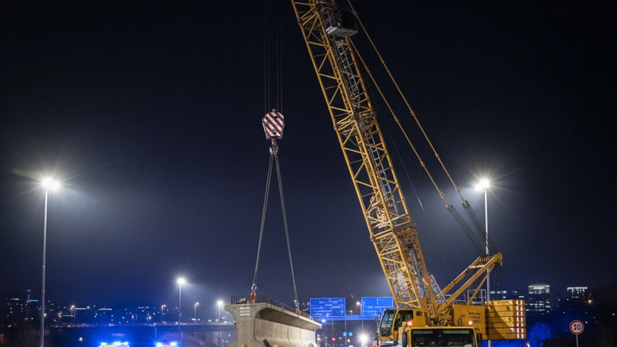 Imatge genèrica d'unes obres nocturnes en una carretera amb una grua de gran tonatge.