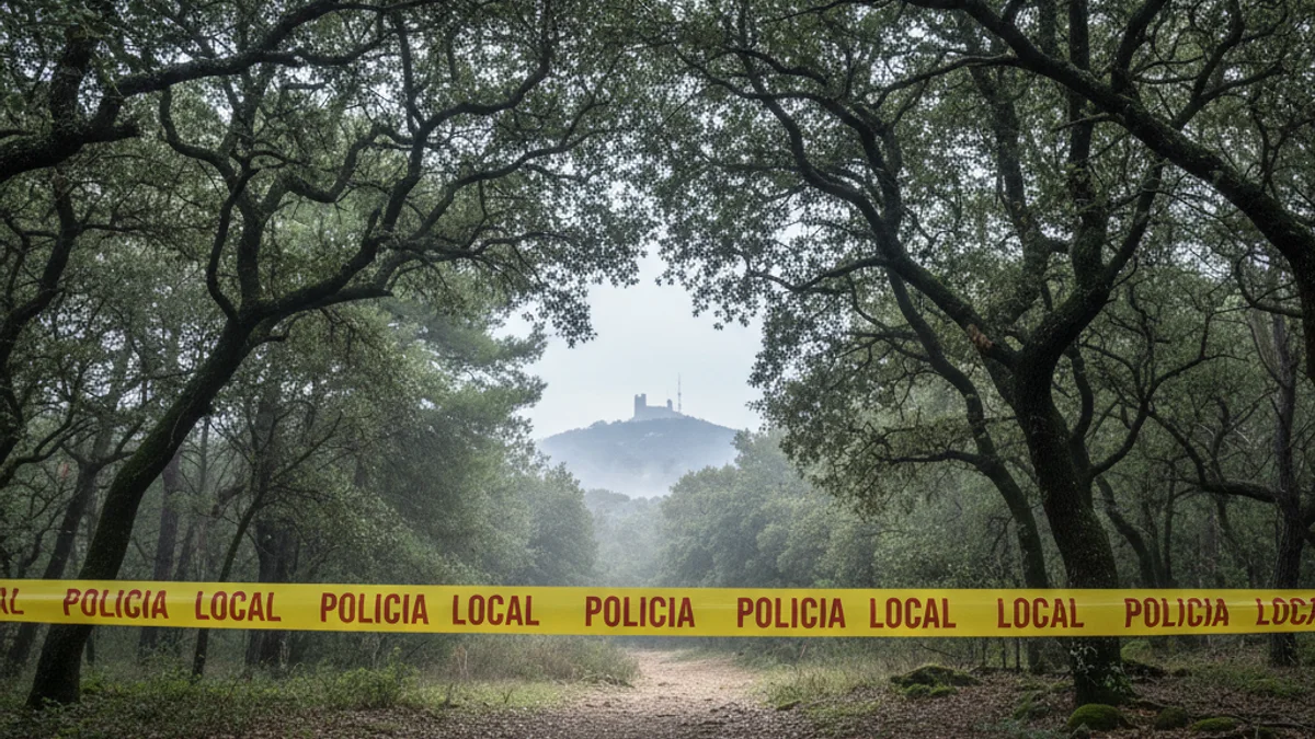 Imagen genérica de un camino forestal cerrado con cinta policial en un entorno natural.