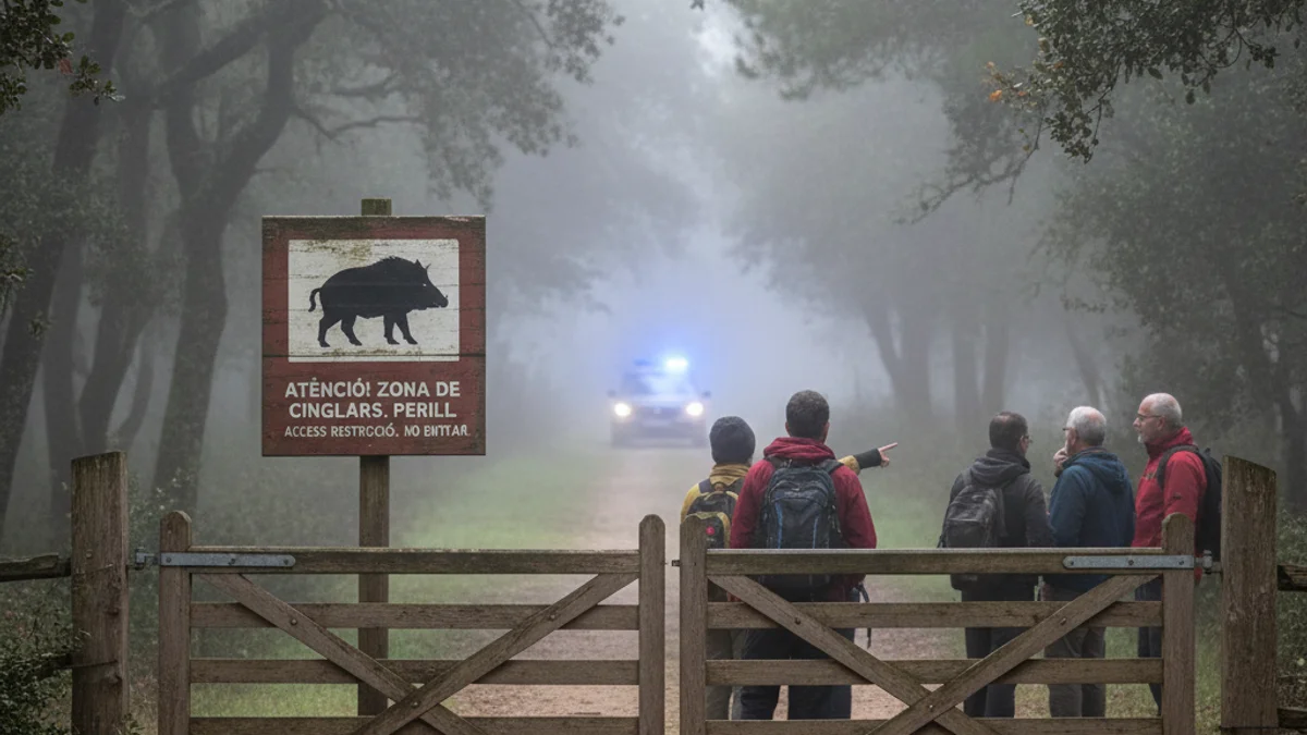 Imagen genérica de un camino forestal cerrado con una señal de advertencia sobre fauna salvaje.