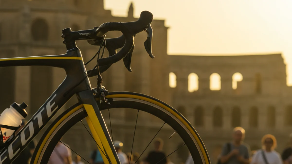 Generic image of a road bicycle with yellow elements in a historical urban setting.