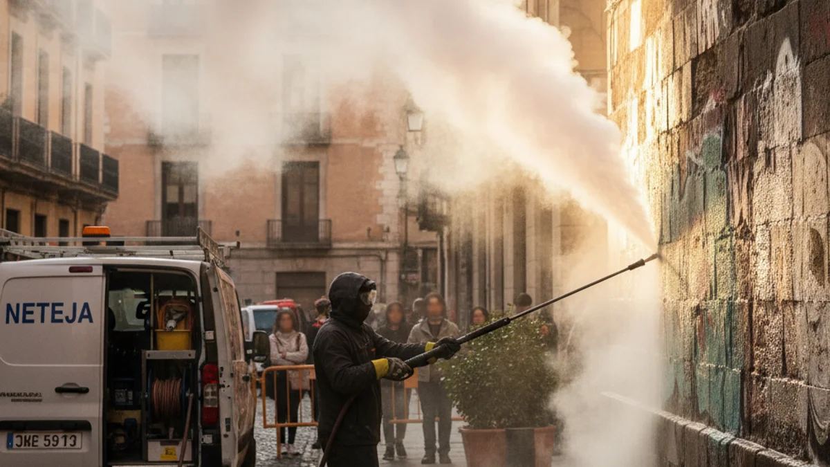 Imatge genèrica d'una màquina de vapor a alta pressió netejant una paret urbana.