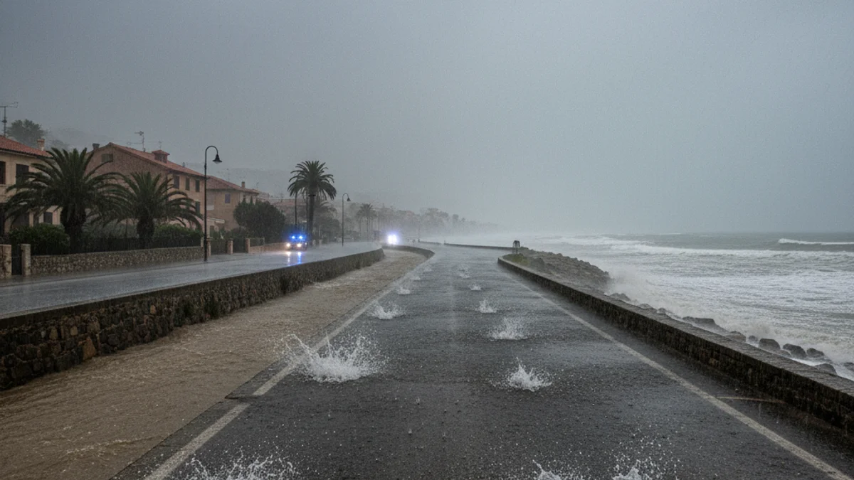 Imagen genérica de una fuerte lluvia sobre una carretera cerca de un río con el caudal crecido.