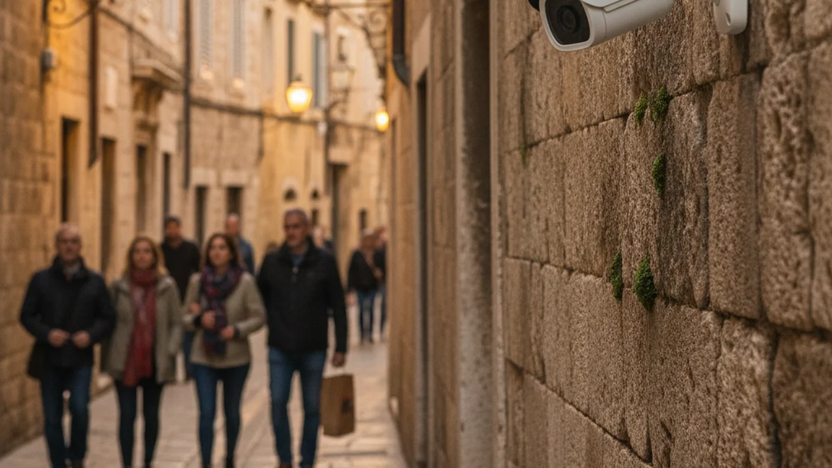 Imatge genèrica d'una càmera de videovigilància instal·lada en una façana de pedra d'un nucli històric.