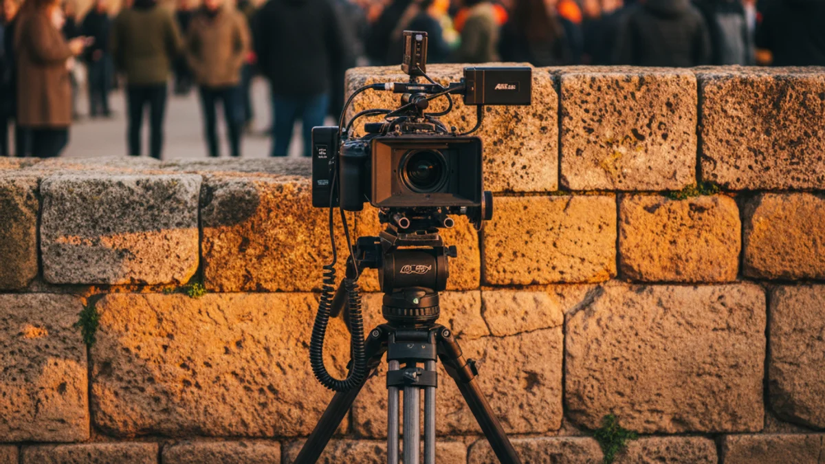 Imatge genèrica d'una càmera de cinema professional davant d'unes restes arqueològiques romanes.