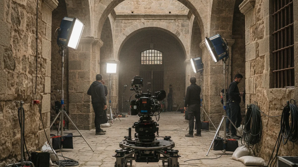 Imatge genèrica d'un set de rodatge cinematogràfic a l'interior d'una antiga presó de pedra.