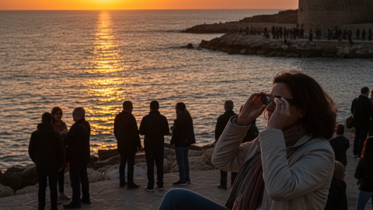 Imatge genèrica d'una posta de sol a la costa de Tarragona amb una persona preparada per a l'observació astronòmica.