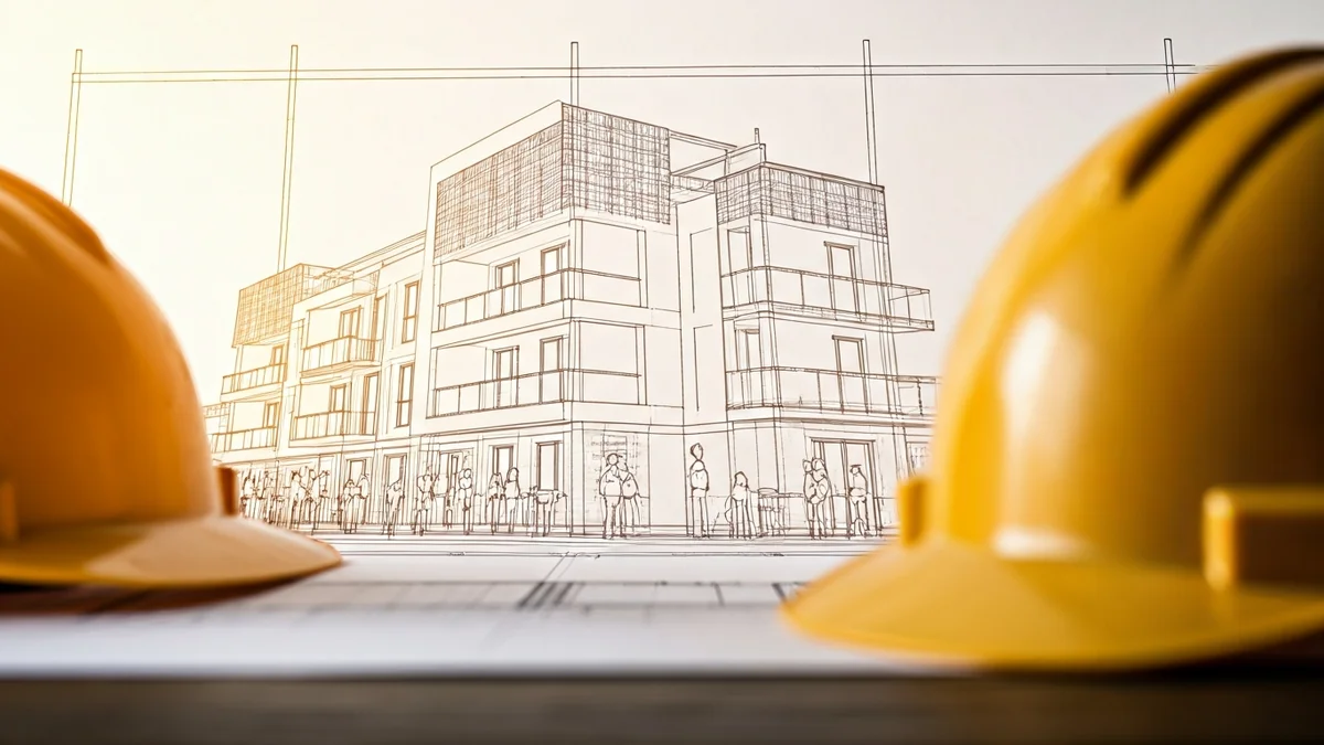 Imatge genèrica d'un projecte arquitectònic d'habitatges amb eines de construcció en primer pla.