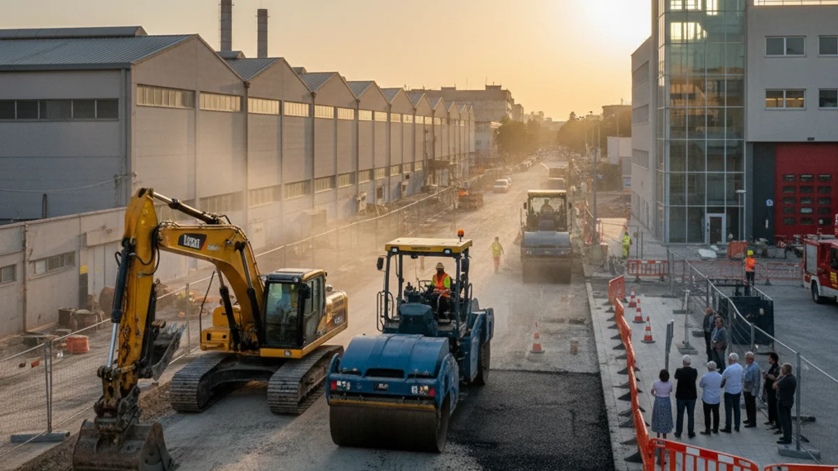Generic image of road paving works in an industrial area with heavy machinery.