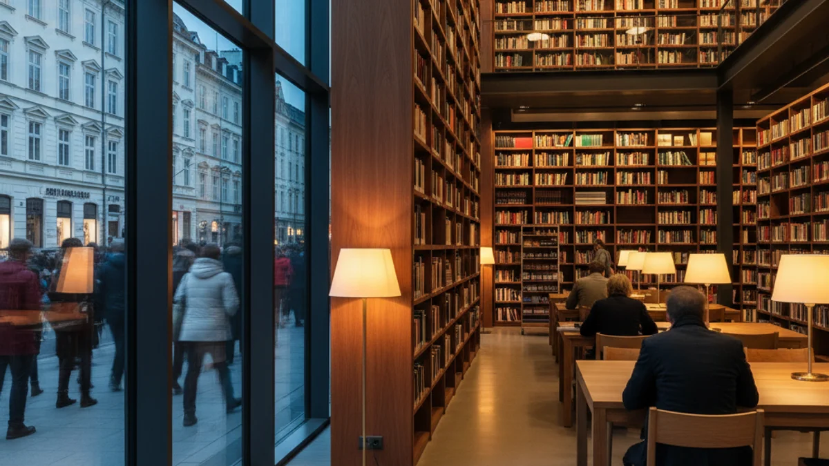 Imatge genèrica de l'interior d'una biblioteca moderna amb prestatgeries i llum natural.