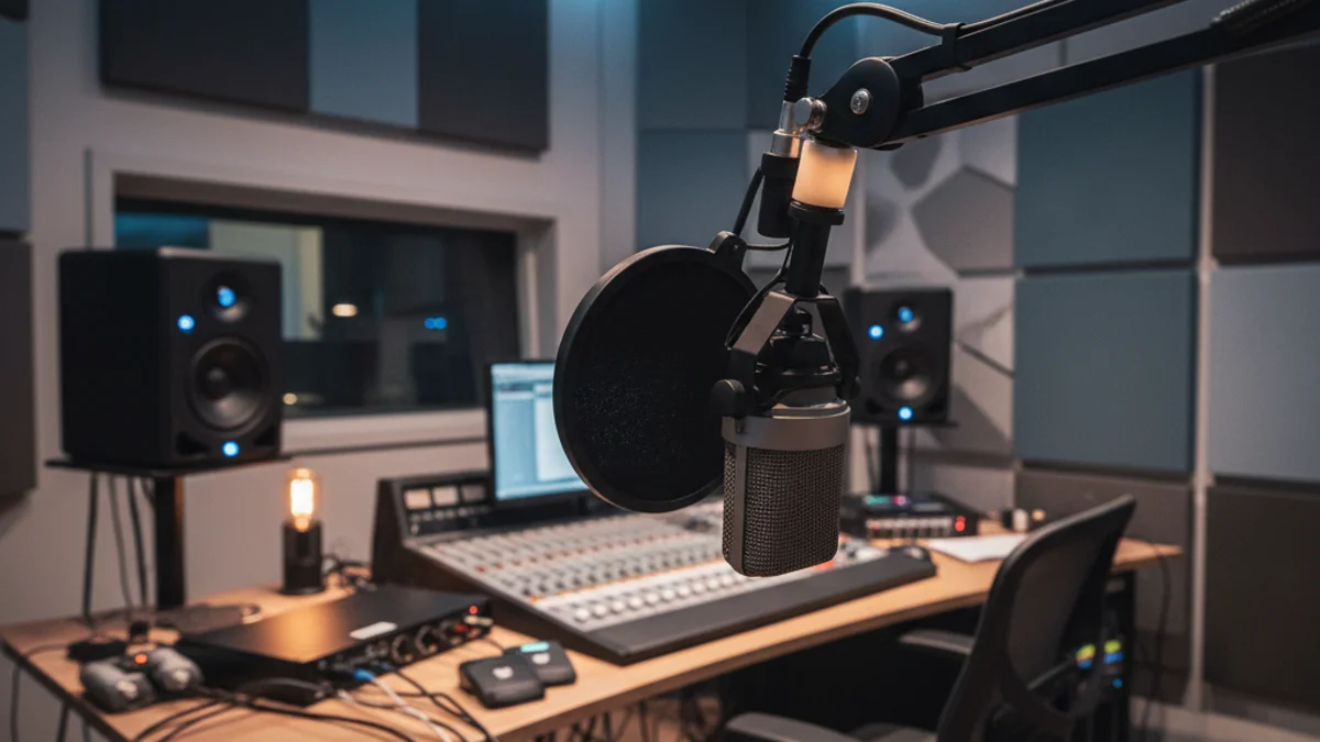 Generic image of a professional microphone in a modern radio studio.
