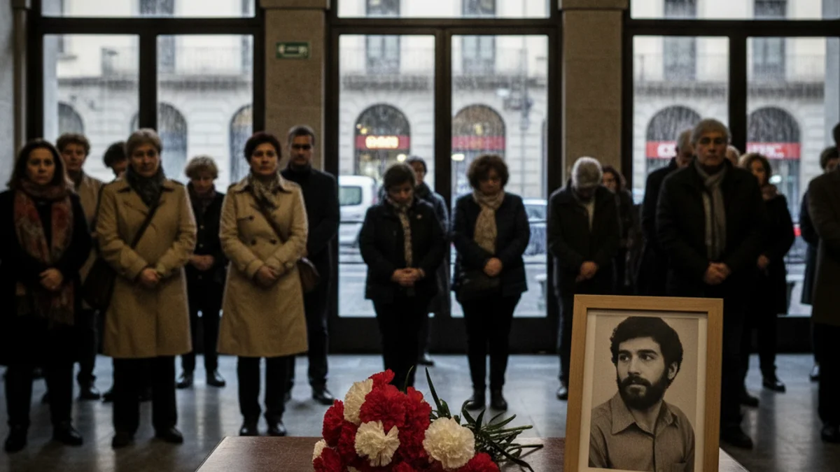 Imatge genèrica d'un espai de memòria amb flors i un retrat en un vestíbul durant un dia de pluja.