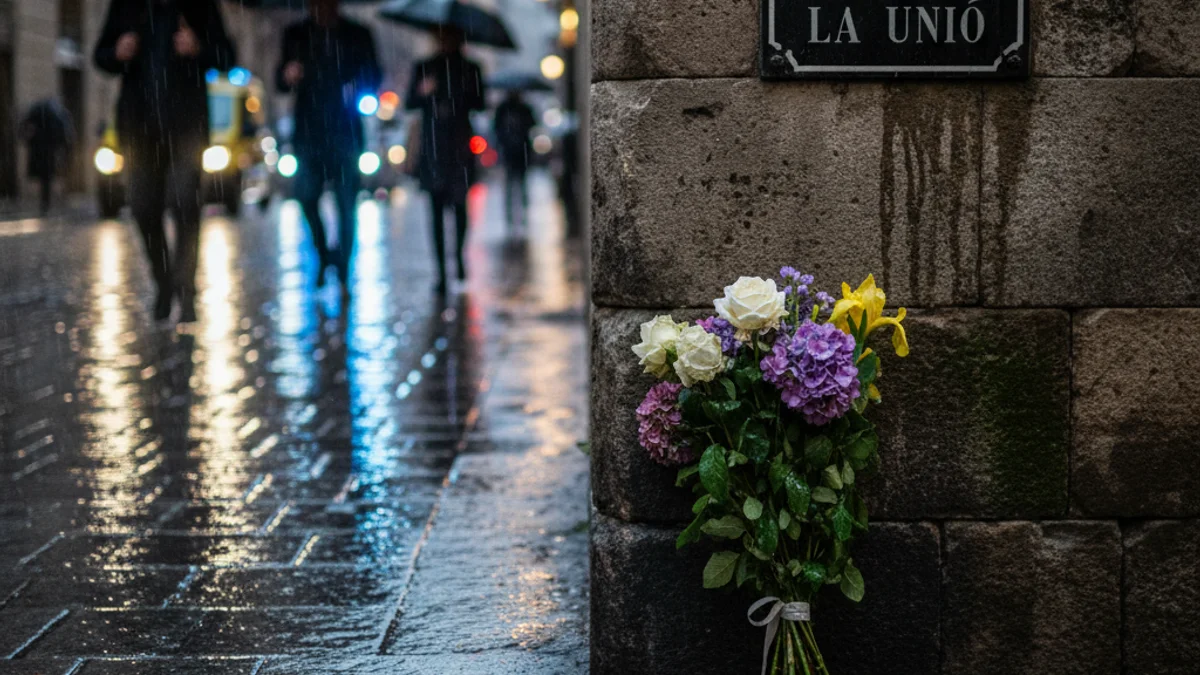 Imatge genèrica d'una ofrena floral en un carrer plujós durant un acte de memòria.