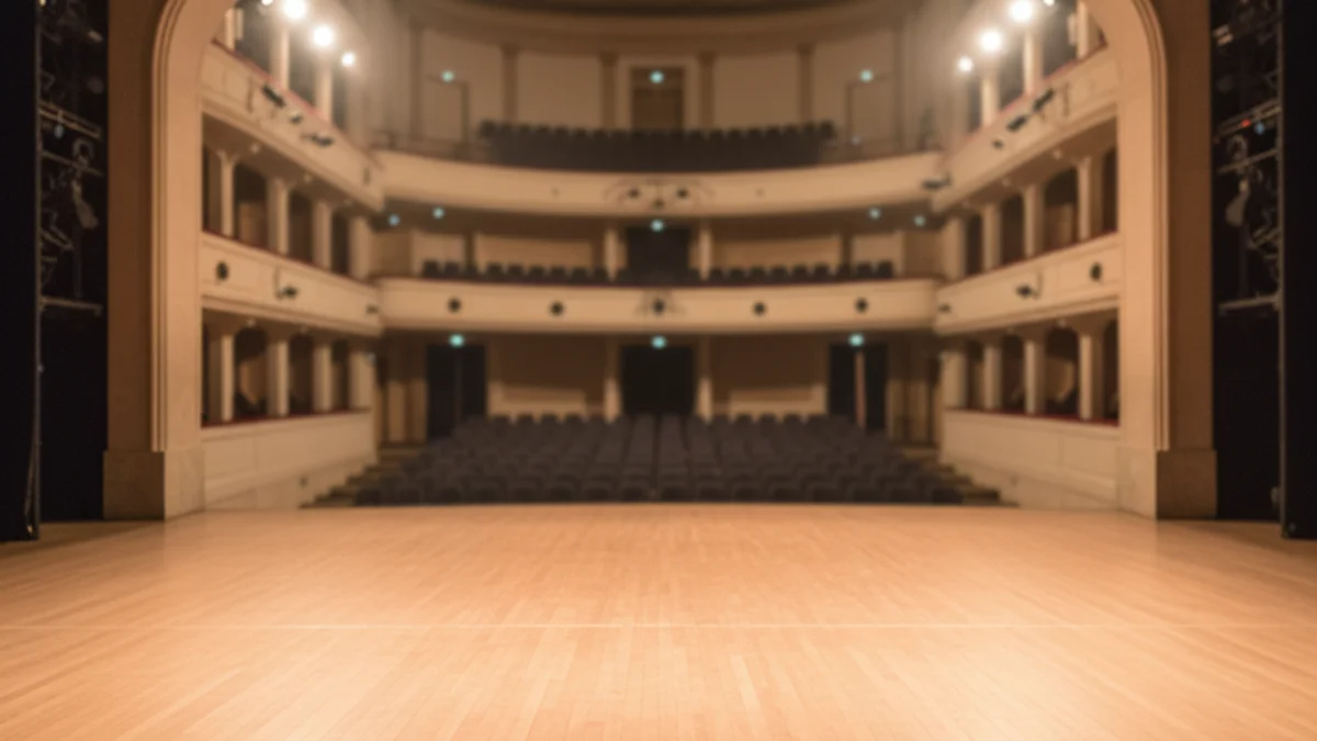 Imagen genérica de un escenario teatral vacío con iluminación cálida.