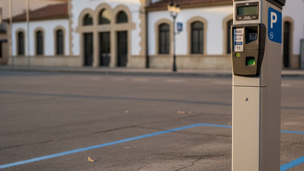 Generic image of a modern parking meter in a blue regulated parking zone.