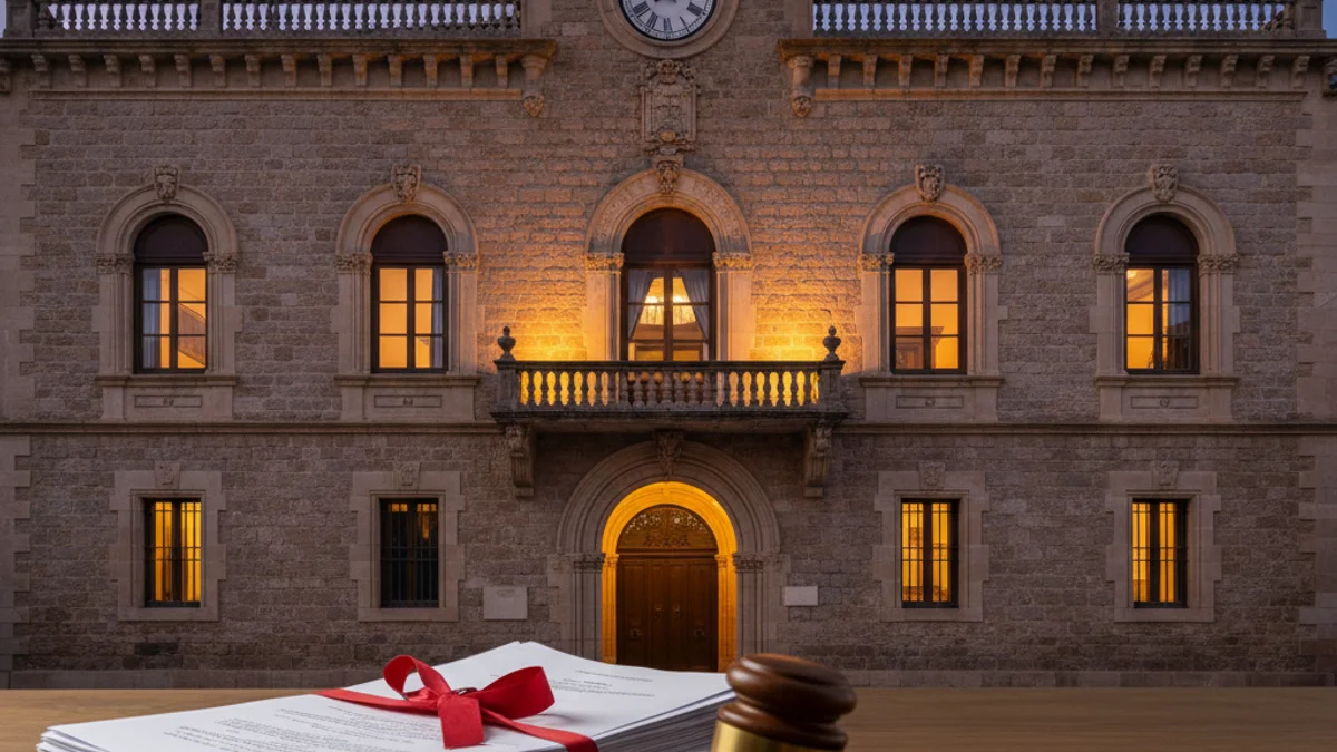 Imagen genérica de la fachada de un ayuntamiento iluminada durante el atardecer.