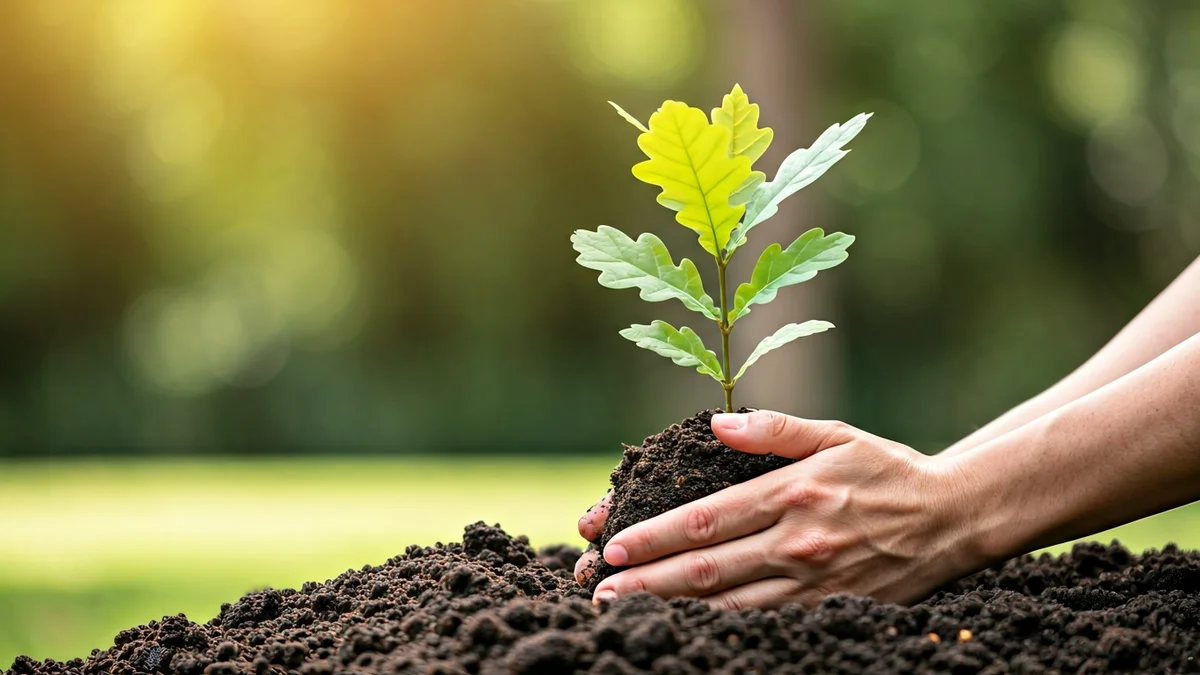 Generic image of a young oak tree being planted in a park, symbolizing gratitude and growth.