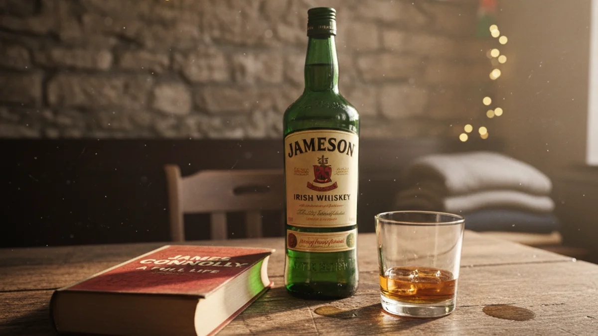 Imatge genèrica d'un tast de whisky irlandès i un llibre sobre una taula de fusta.