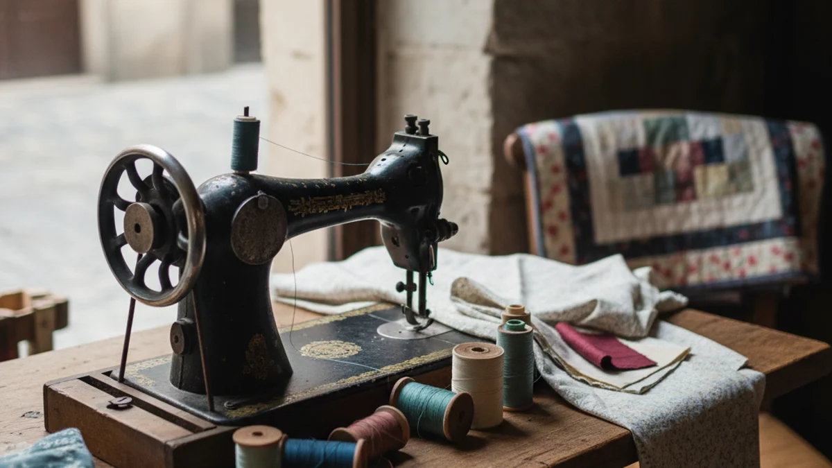 Generic image of an antique sewing machine and threads on a wooden table.