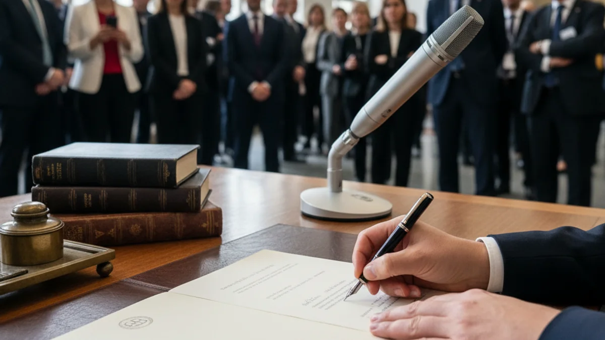 Generic image of the signing of an institutional agreement on a table with books.