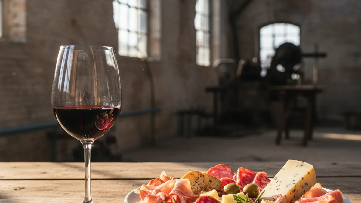 Imatge genèrica d'un maridatge de vi i embotits en un espai rústic.