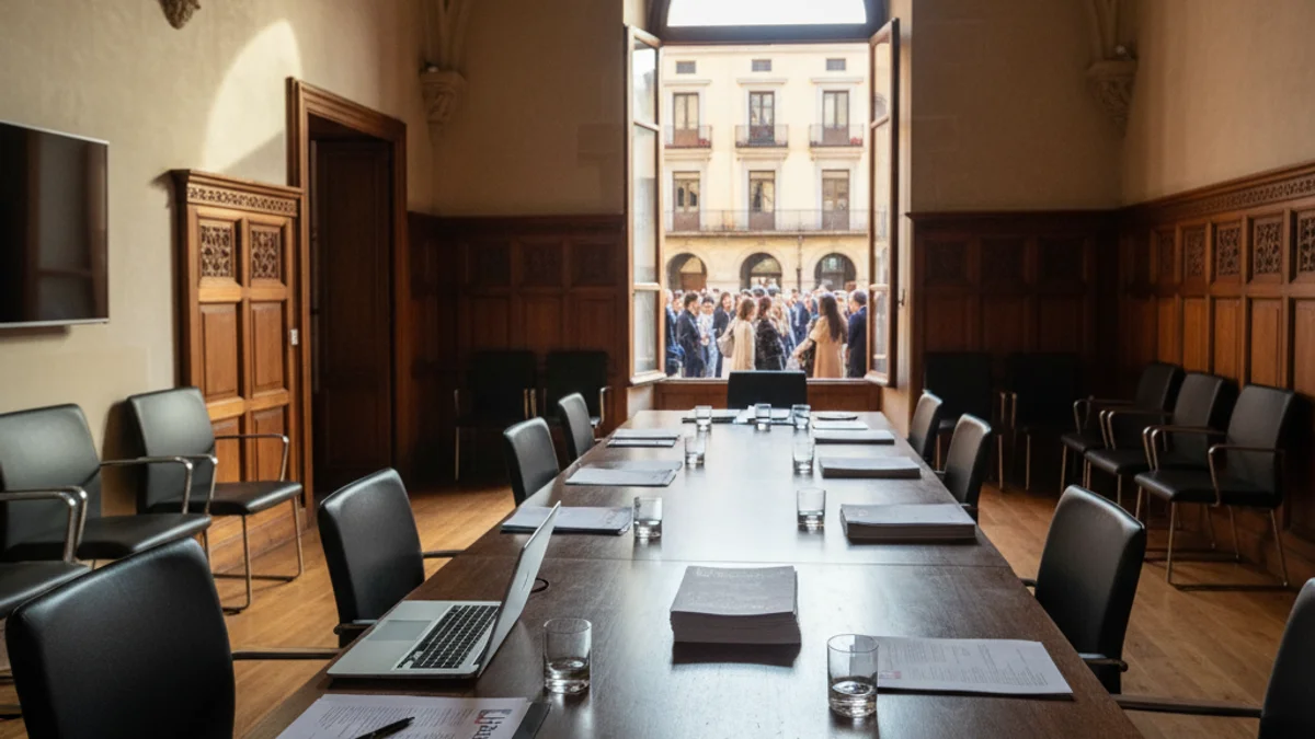 Imatge genèrica d'una sala de reunions en un edifici institucional amb documents sobre una taula.