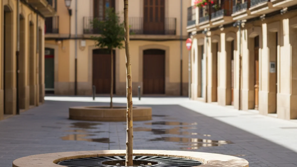 Imagen genérica de un árbol joven recién plantado en una calle urbana.