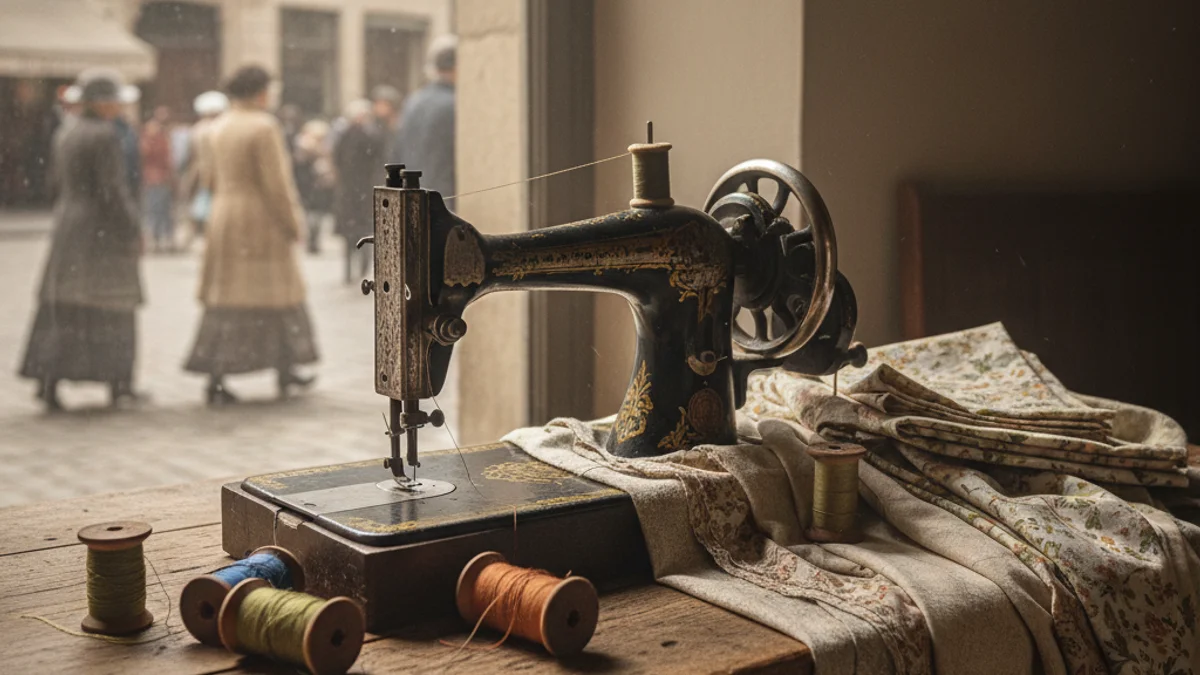 Imatge genèrica d'una màquina de cosir antiga sobre una taula de fusta, simbolitzant el treball tèxtil domèstic.