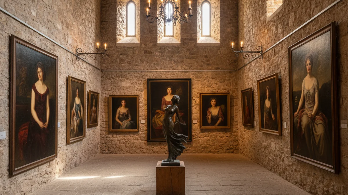 Imagen genérica del interior de una galería de arte con paredes de piedra y cuadros expuestos.