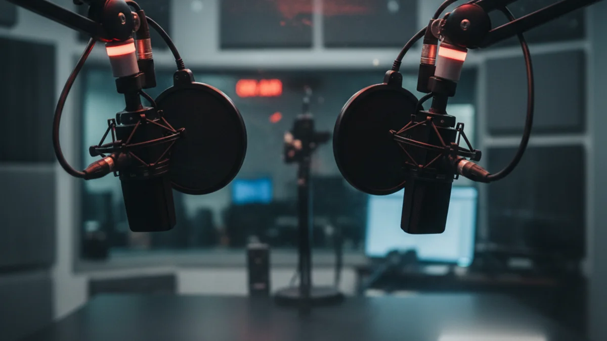 Imatge genèrica d'uns micròfons en un estudi de ràdio durant una entrevista.