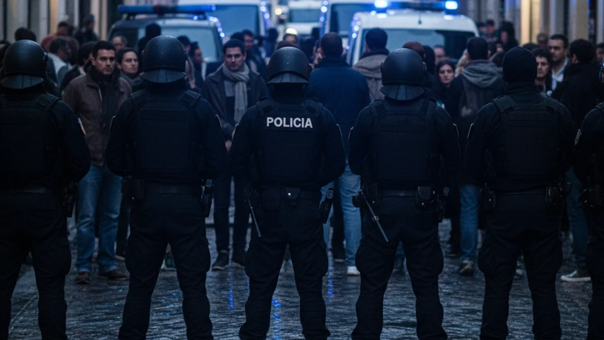 Generic image of a police line during a protest at dusk.