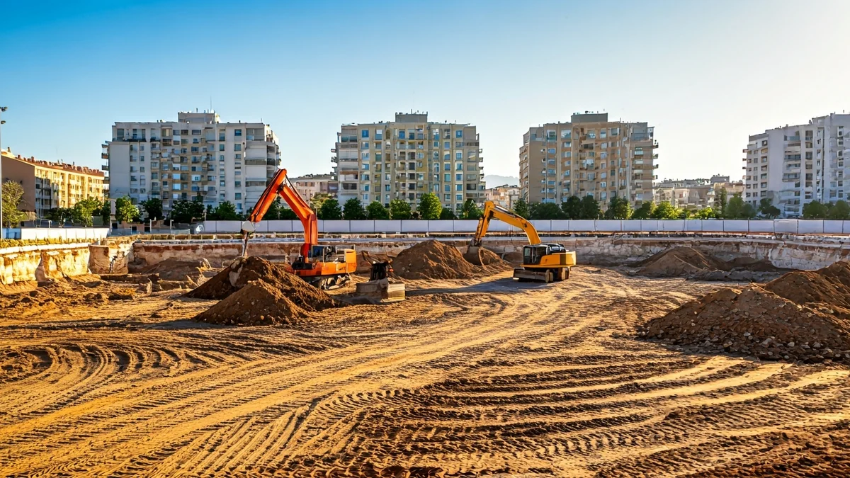 Generic image of a construction site with heavy machinery and buildings under construction.