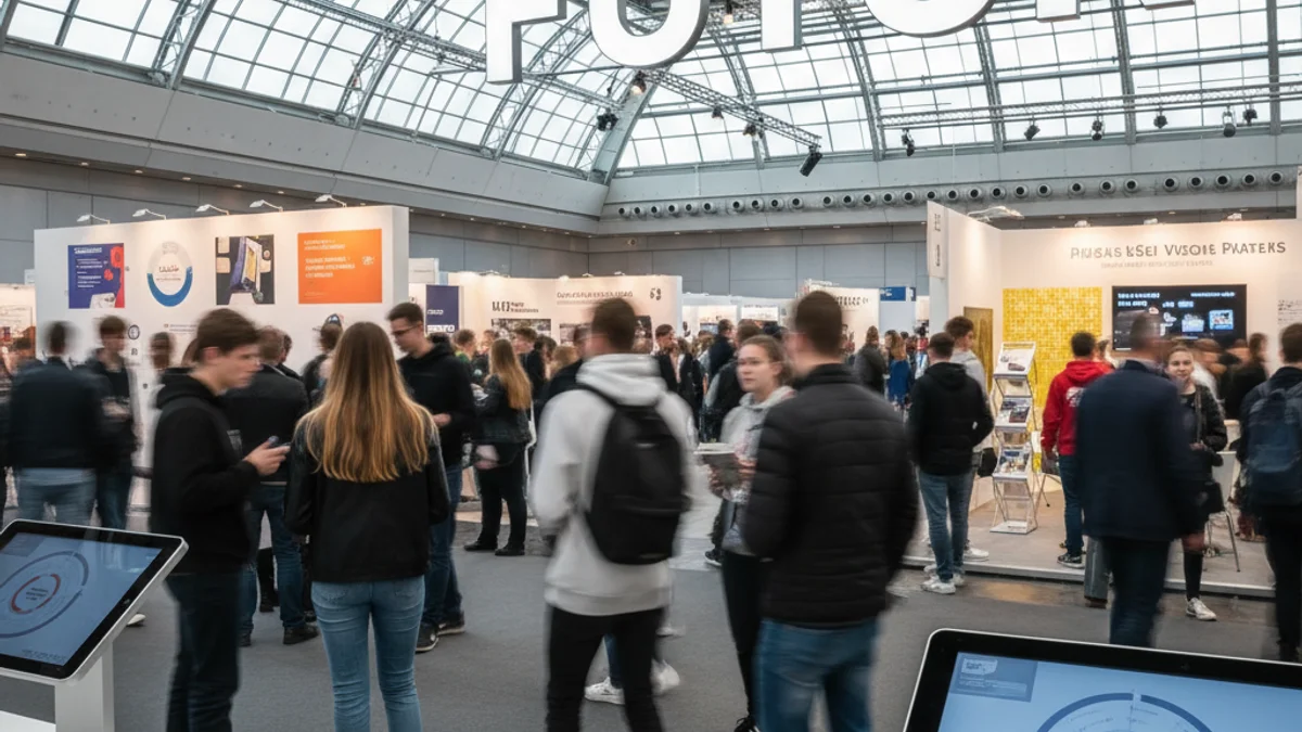 Imatge genèrica d'una fira d'orientació educativa amb joves consultant informació.