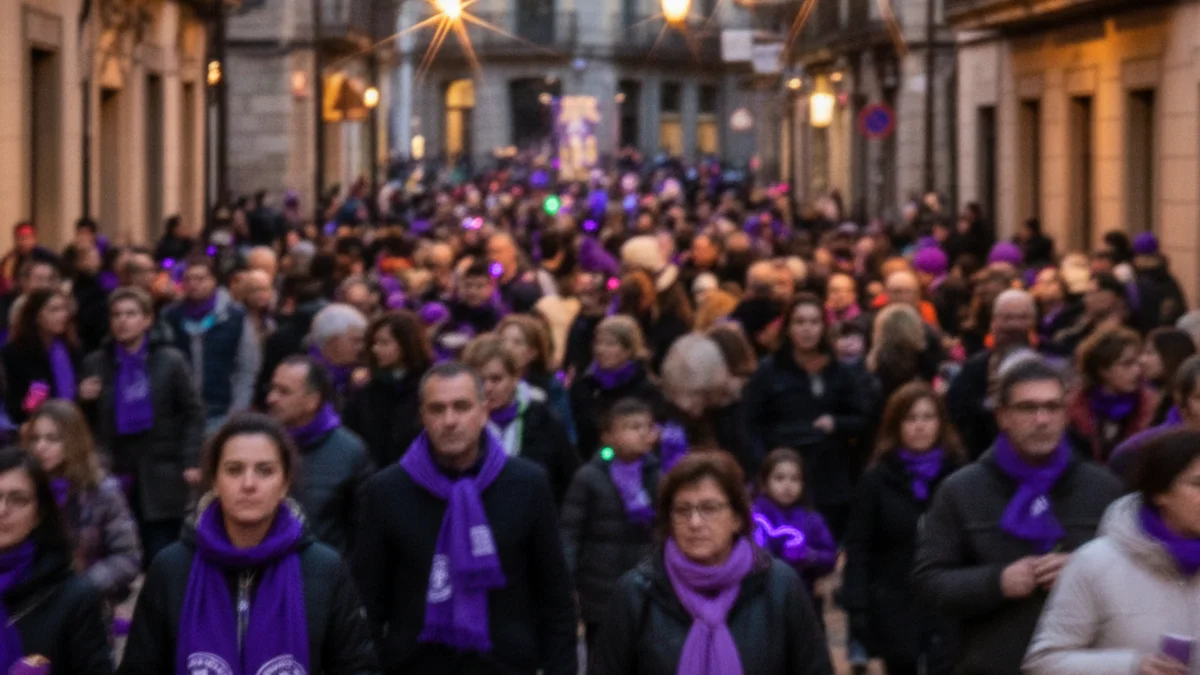 Imatge genèrica d'una multitud en una manifestació pel Dia de la Dona amb tons liles.