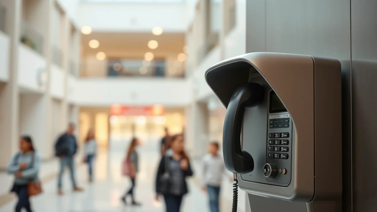 Generic image of a public telephone in a municipal facility, with blurred figures of children or adolescents in the background.
