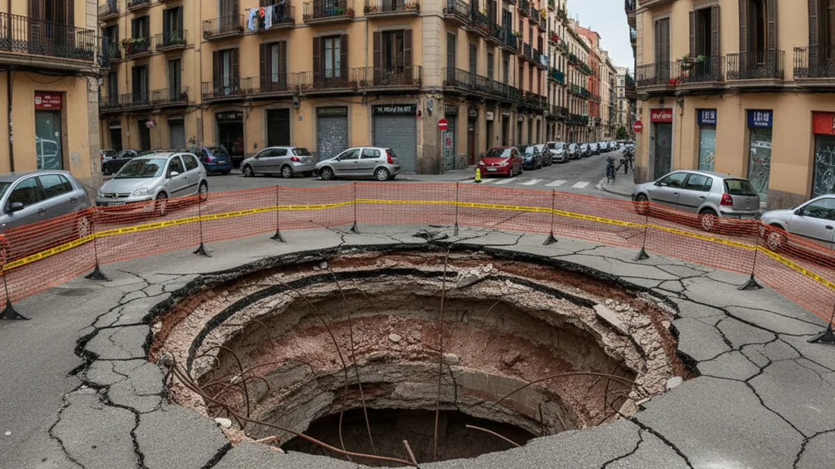 Imatge genèrica d'un esvoranc en un carrer urbà protegit per tanques de seguretat.
