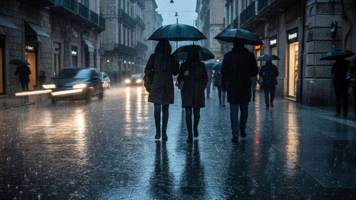 Imatge genèrica d'un carrer de ciutat sota una pluja intensa amb reflexos a l'asfalt.