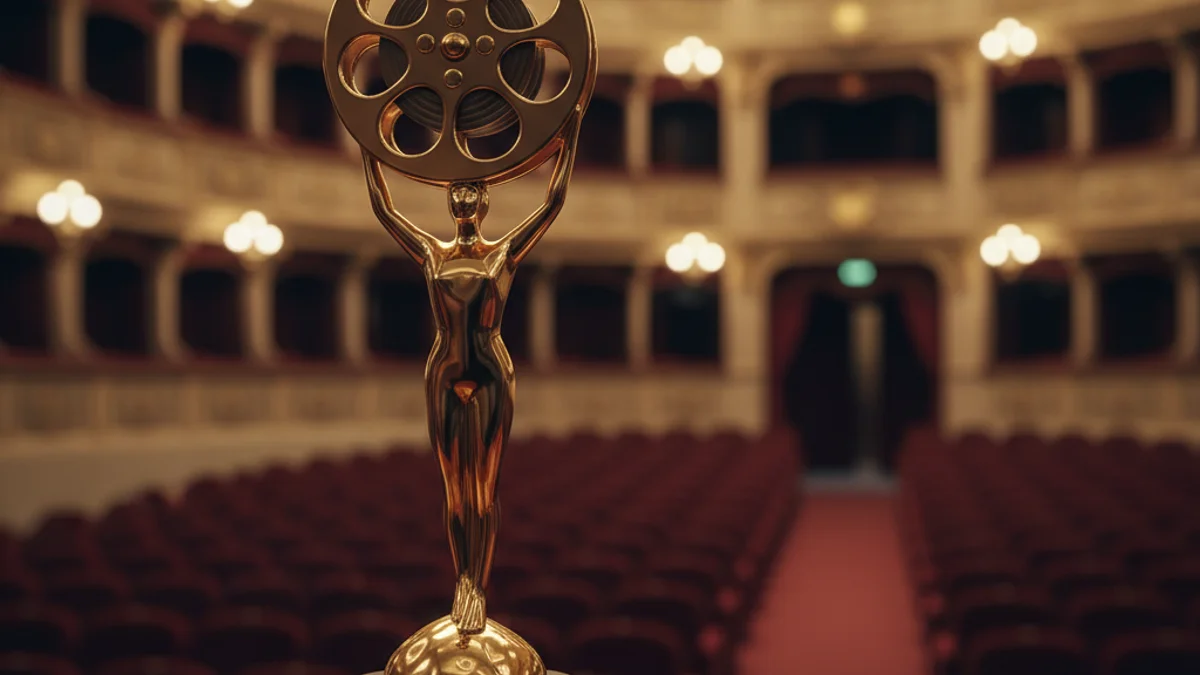 Imagen genérica de una estatuilla de premio cinematográfico bajo los focos de un escenario.