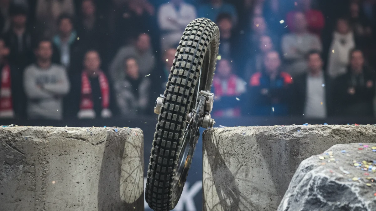 Generic image of a trial motorcycle overcoming an obstacle in an indoor competition.