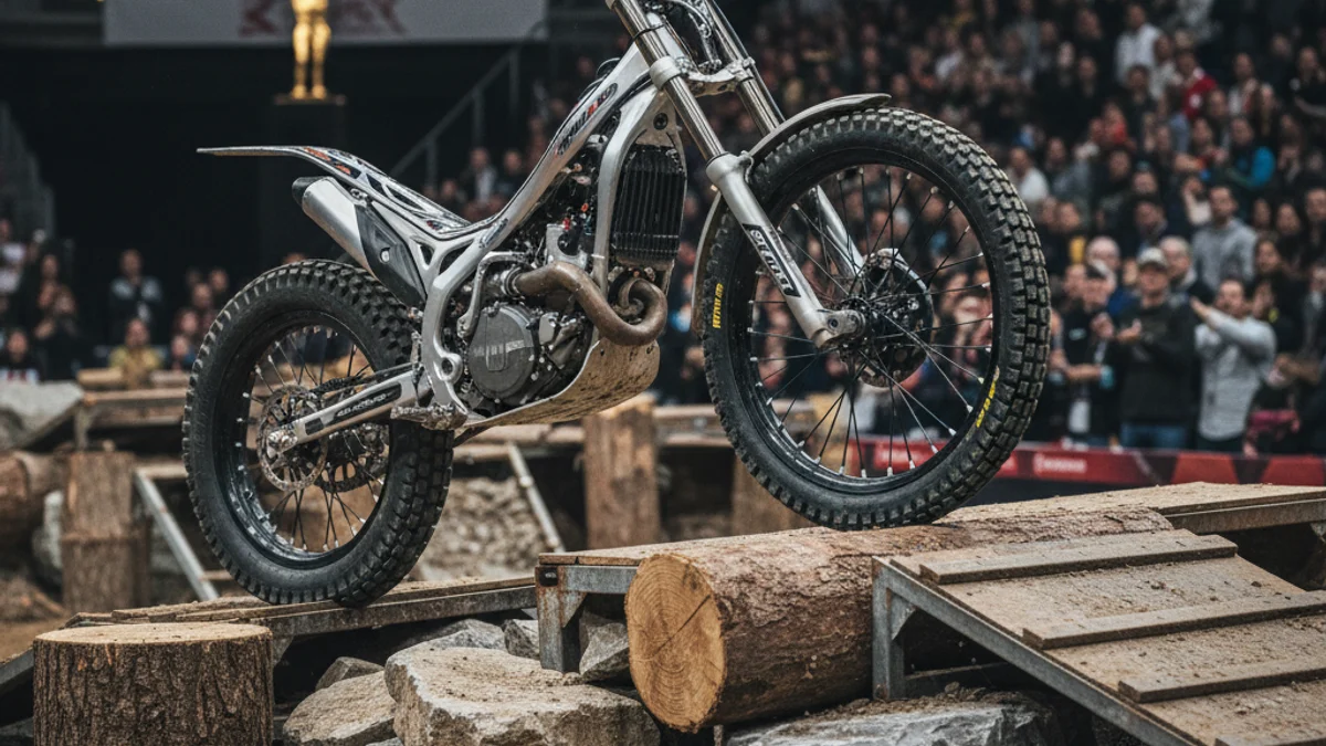 Generic image of a trial motorcycle in an indoor competition.