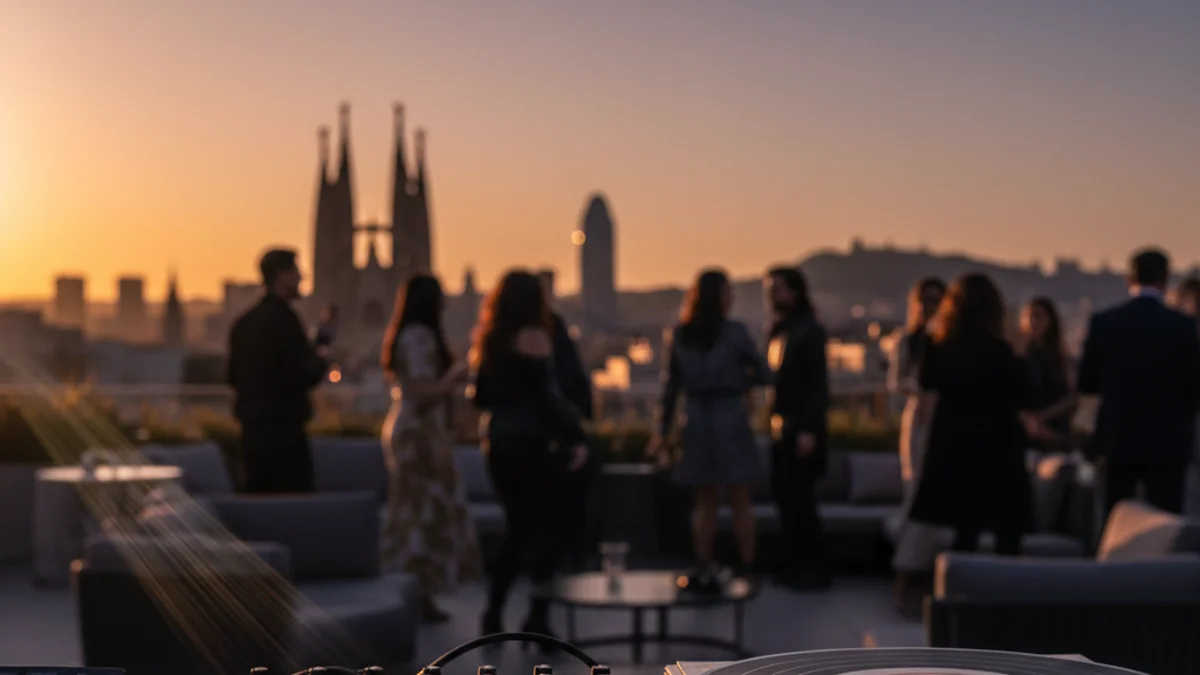 Imagen genérica de una mesa de mezclas de DJ en una azotea elegante durante el atardecer.