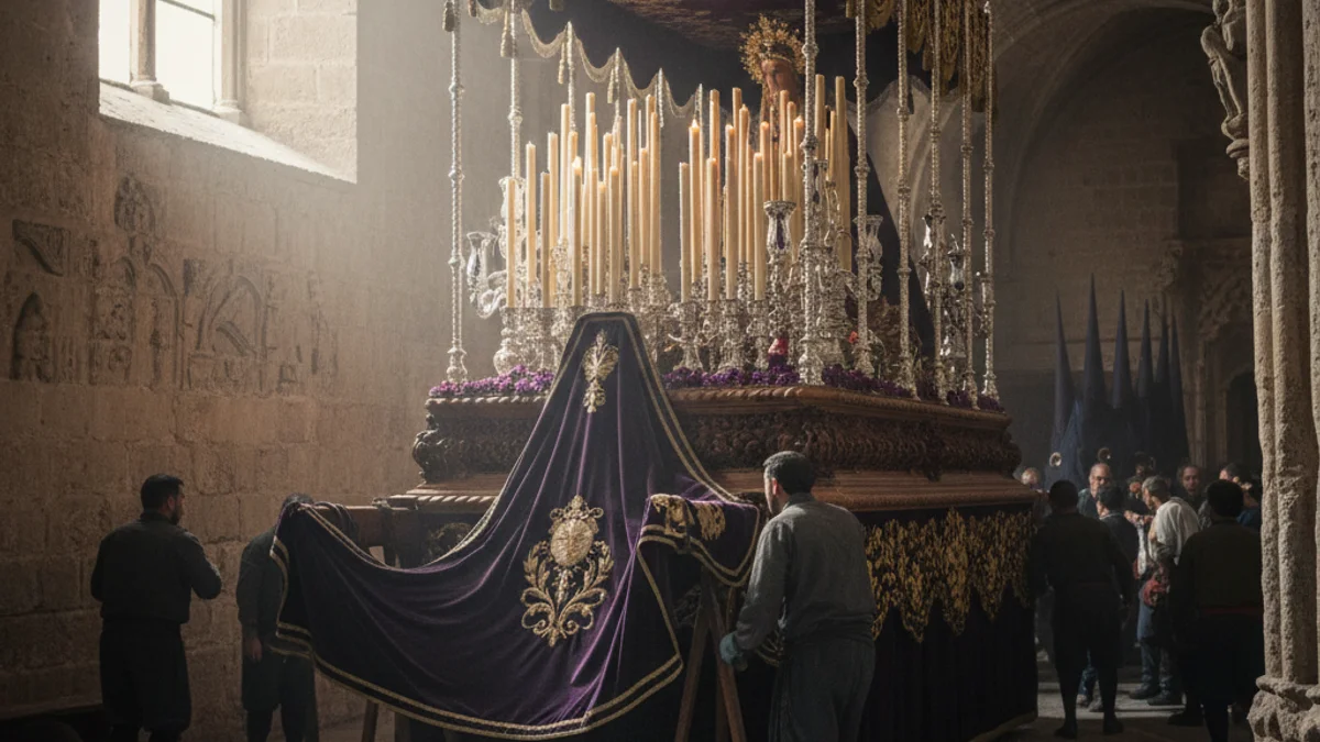 Generic image of the preparations for a religious procession in a historic setting.