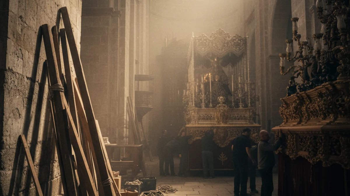Generic image of the preparations for a religious procession inside an old warehouse.