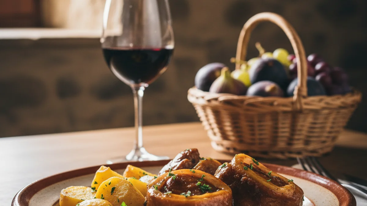 Generic image of a traditional Catalan fork breakfast with meat and wine in a rural setting.