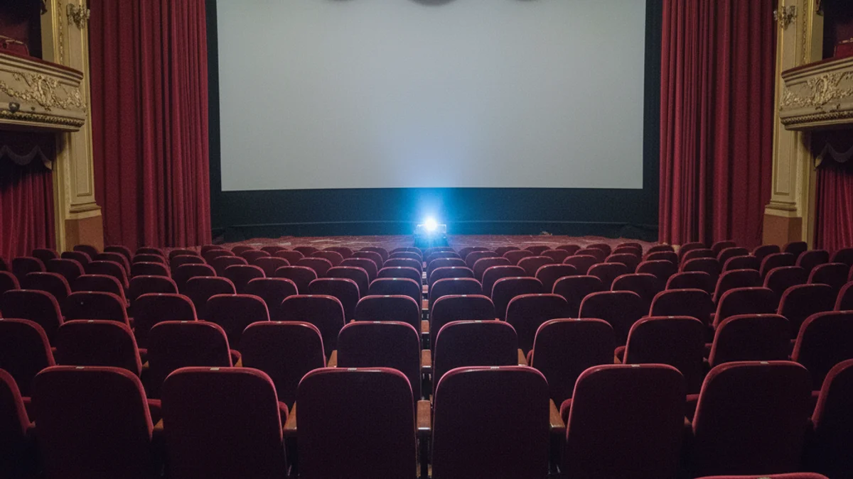 Imagen genérica del interior de una sala de cine con butacas rojas y la pantalla en blanco.