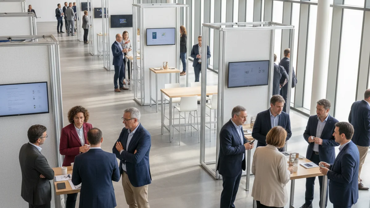 Generic image of the interior of an exhibition hall with business stands and people talking.